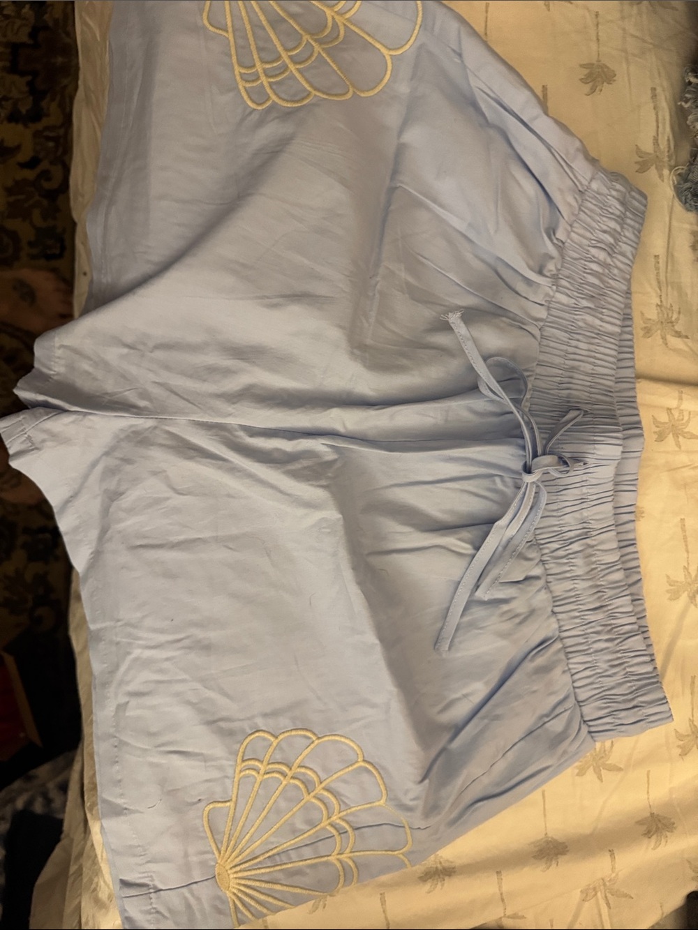 Light Blue Women's Elastic Waist Shell-Embroidered Shorts & Top set